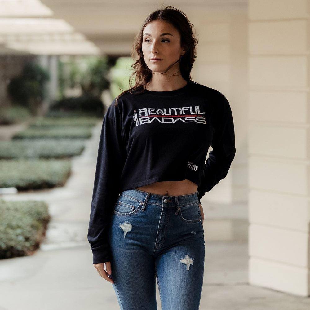 Women's Beautiful Badass Long Sleeve Cropped T-Shirt - Black - Image 2