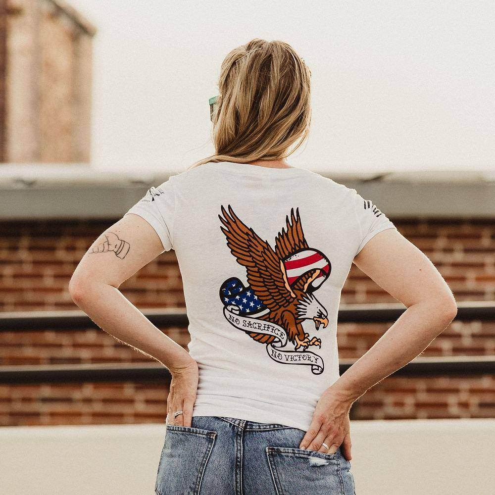 Women's No Sacrifice No Victory V-Neck - White - Image 4